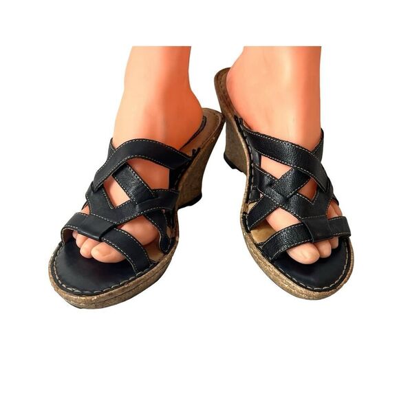 Born Womens Sz 10M Wedge Cork Heel Sandals Leather Black Casual Slip On Open Toe - Picture 2 of 12